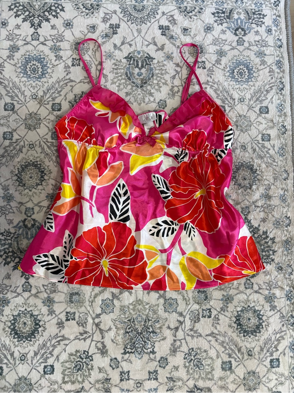 Y2K La SENZA Pink Floral Spaghetti-Strap Camisole with Red and Yellow Accents